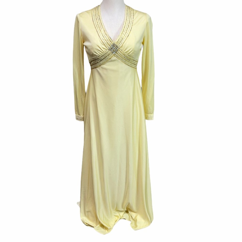 Vintage 1960s Disco Pale Yellow Long Sleeve V-Neck Beaded Gown Medium